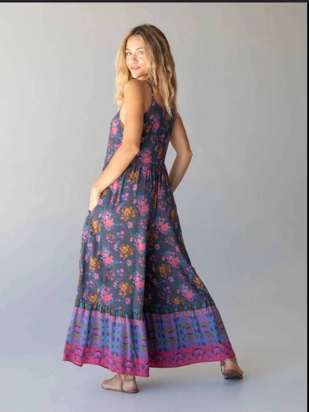 NATURAL LIFE Zoe Wide-Leg Jumpsuit Charcoal Blue Boarder - Picture 2 of 2